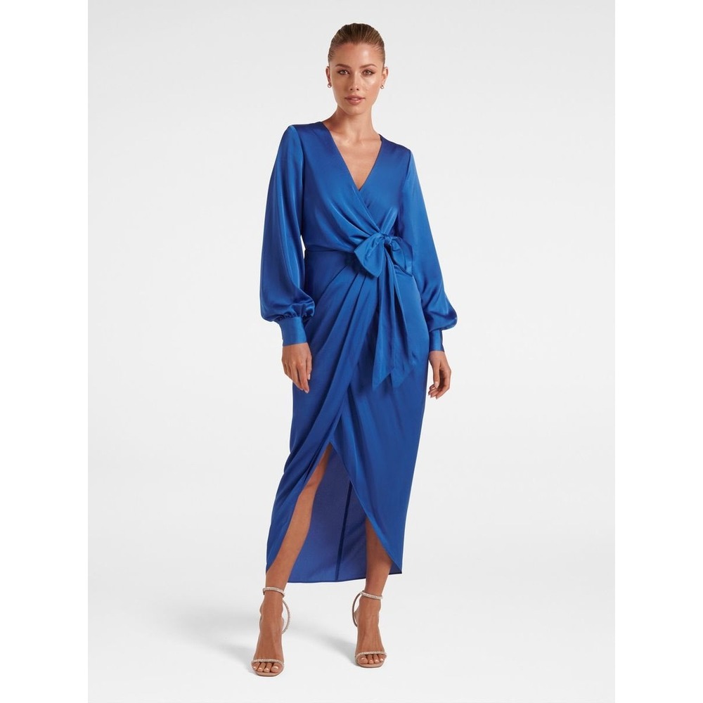 Ever New Melbourne Blue Satin Wrap Midi Dress Long Sleeve Cobalt Size 2
